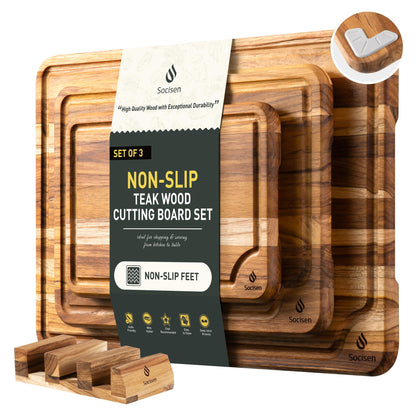 3 Pack Teak Wood Cutting Board Set for Kitchen Charcuterie Board Serving Heavy Duty Non Toxic Slip Over Sink Solid Thick Haus Wooden Chopping Board Large Big Small Meat Best Kitchen Mother Gift