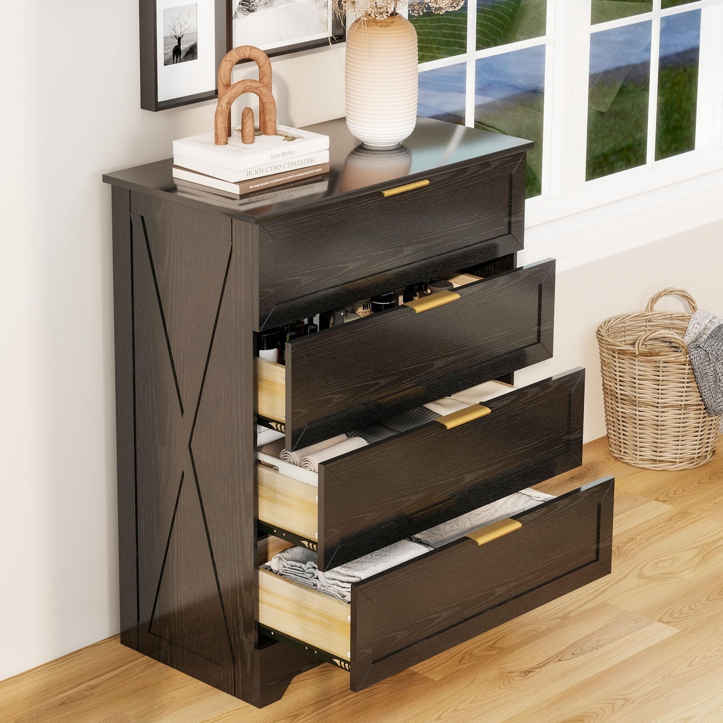 FTZxHKLX Modern 4 Drawer Dresser for Bedroom, Tall Bedroom Dresser with Large Drawer & Rose Gold Handles, Wooden Storage Organizer Cabinet Chest of Drawer for Closet, Living Room, Hallway, Black