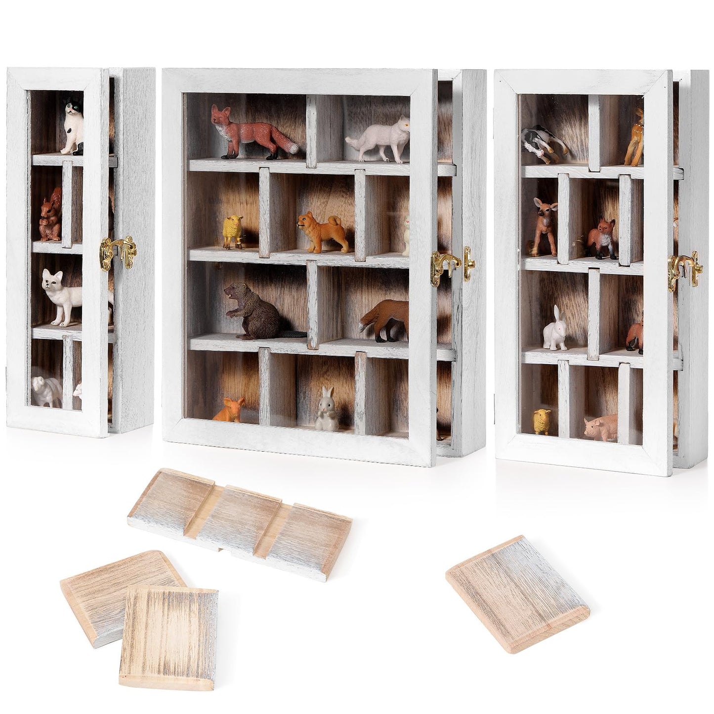 DoubleFill Wooden Trinket Display Shelf Shadow Box with Shelves Large Wall Mounted Display Storage Mini Figures Curio Trinket Medals Crafts Collections (Antique White)