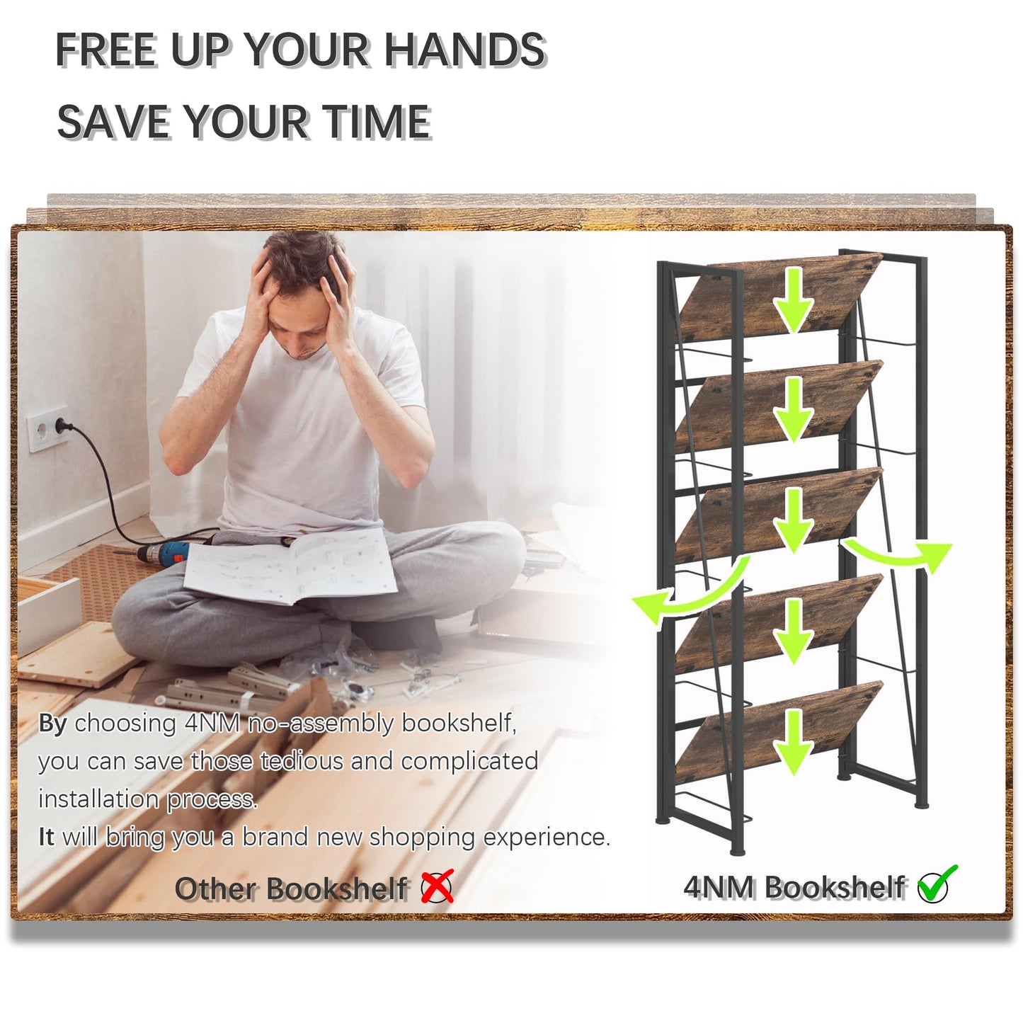 4NM No Assembly Folding Bookshelf, 5-Shelf 62.2" H Collapsible Foldable Bookcase Storage for Small Spaces, Rustic Brown and Black