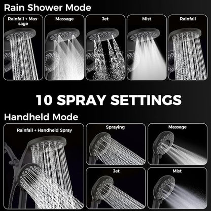 High Pressure Rain Shower Head with Handheld Spray Combo: Detachable Dual Shower Head with 10 Sprays Modes - Upgrade Knob Spray Mode Selector and Magnetic Guidance Docking System