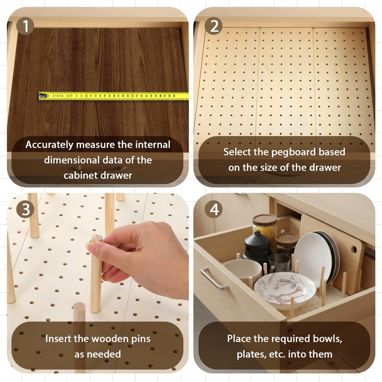 IANFAN 6 Pcs Wood Pegboard Drawer Organizer with 48 Pegs, Wooden Peg Board Drawer Shelf Organizer Adjustable Peg Drawers Organizers for Kitchen Dishes Plate Pegboard Food Containers(17x5.91, Wood)