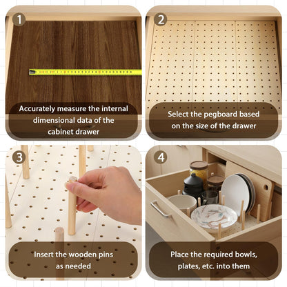 IANFAN 6 Pcs Wood Pegboard Drawer Organizer with 48 Pegs, Wooden Peg Board Drawer Shelf Organizer Adjustable Peg Drawers Organizers for Kitchen Dishes Plate Pegboard Food Containers(17x5.91, Wood)