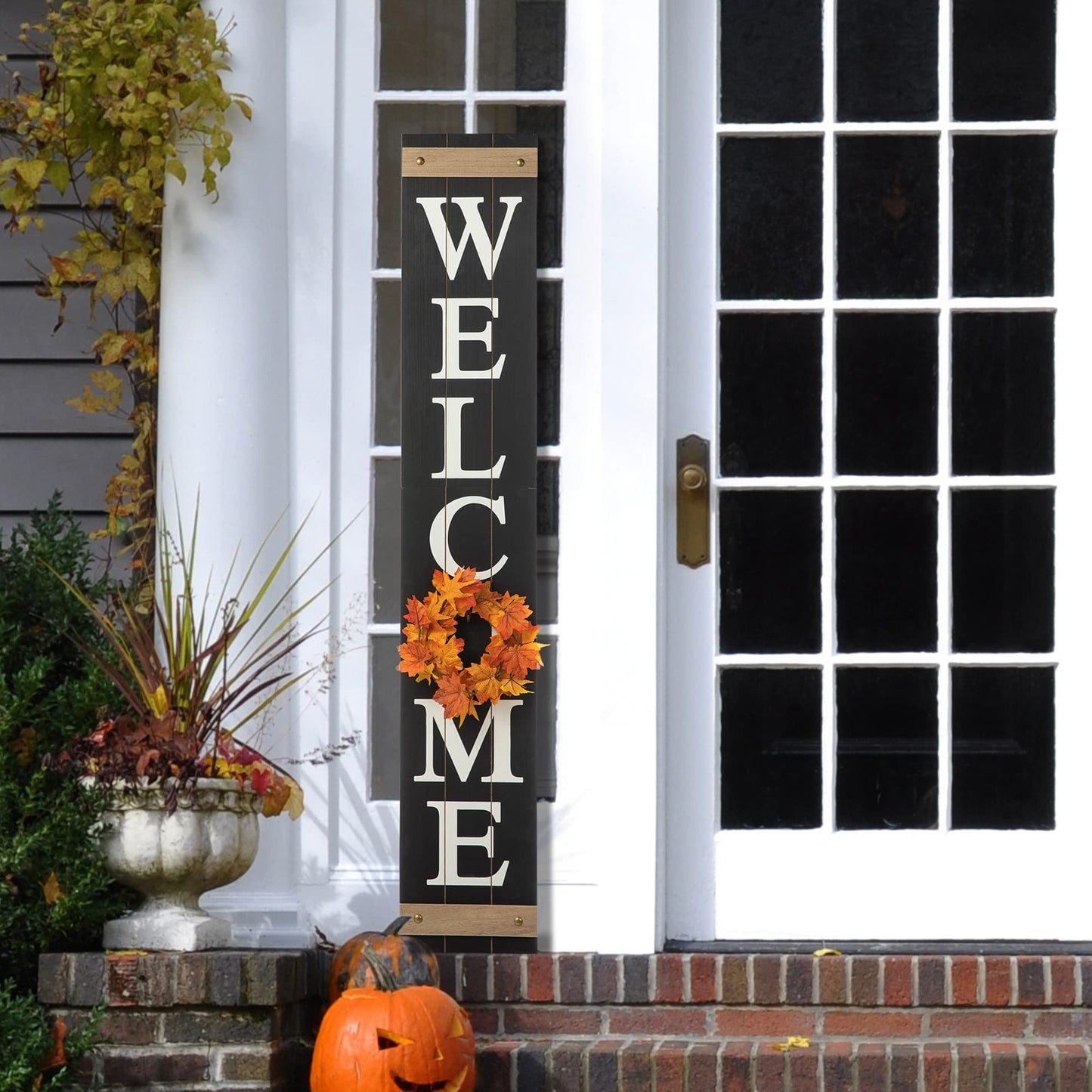 Glitzhome 5ft H Wooden Welcome Sign with 4 Interchangeable Wreaths - Spring/Patriotic/Fall/Christmas Floral Wreaths, Farmhouse Hang/Lean Wall Decor for Front Door, Porch, Yard - Solid Wood, Style3