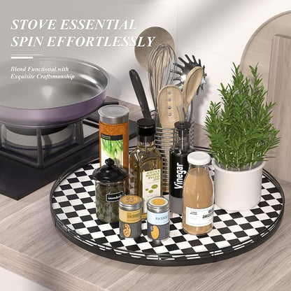 24" Black and White Kitchen Lazy Susan Turntable, Round Checkered Decorative Tray, Large Lazy Susan for Dining Table Centerpiece, Pantry, Kitchen, Bathroom, Countertop, Cupboard, Home Decor