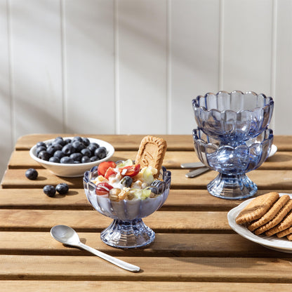 KMwares 6PCs Set 5oz Small Cute Footed Tulip Glass Dessert Bowls/Cups - Perfect for Dessert, Sundae, Ice Cream, Fruit, Salad, Snack, Cocktail, Condiment, Trifle and Christmas Holiday Party (Blue)
