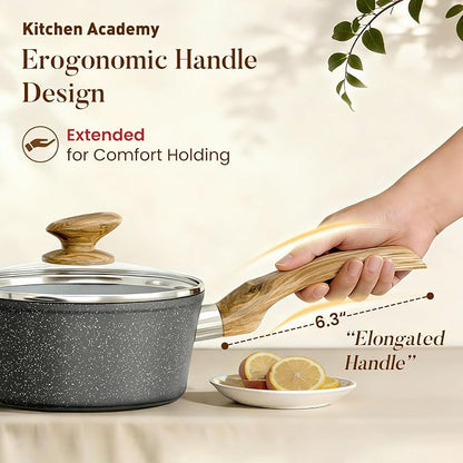 Kitchen Academy Induction Cookware Sets - 12 Piece Gray Cooking Pan Set, Granite Nonstick Pots and Pans Set