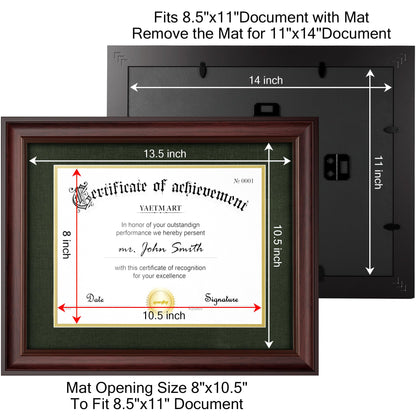 Yaetm 11x14 Diploma Frame, Certificate Frame with Tempered Glass, Display 8.5x11 Document with Dark Green Over Gold Acid-free Mat or 11 x 14 without Mat, Wide Molding (Single, Mahogany/Green)