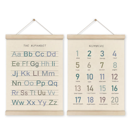HRQKO Alphabet Numbers Poster Hanger Frame Set of 2, Nursery Wall Decor, Boho ABC Poster Wall Art with Wooden Frames, Alphabet Banner Wall Hanging Decor for Boy Toddler Room Playroom, 12x16 Inch