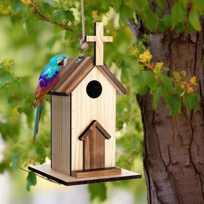 Leinuosen 2 Pcs Birdhouse Outdoor Hanging Wooden Church Birdhouse Cross Design 12" H Small Bird Houses Religious Bluebird Hummingbird Nesting Boxes for Outside Spring Easter Baptisms Garden Decoration