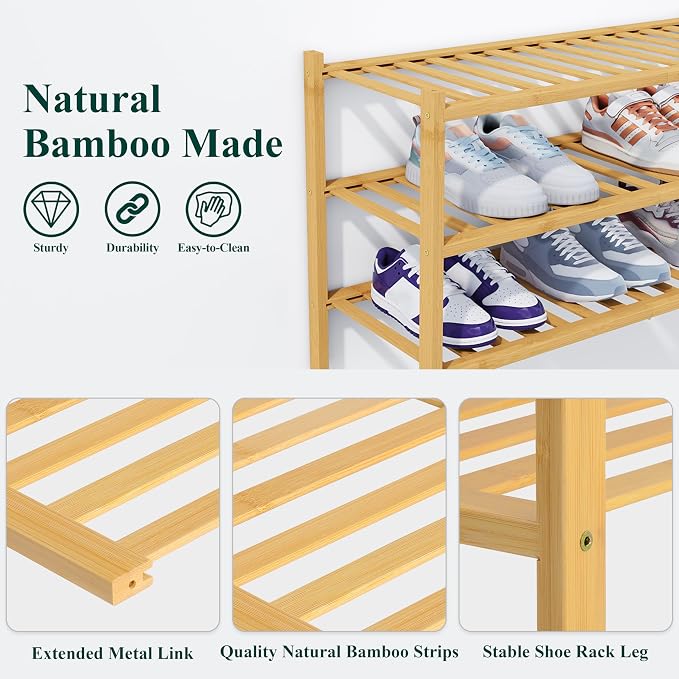 Smiry Bamboo Shoe Rack, 6 Tier Free Standing Wooden Shoe Organizer, Stackable Wood Shoe Storage Shelf for Closet, Entryway, 14 Vertical Slats, 2+2+2 Stack Heavy-Duty Legs, 26.8"x11"x39", Natural