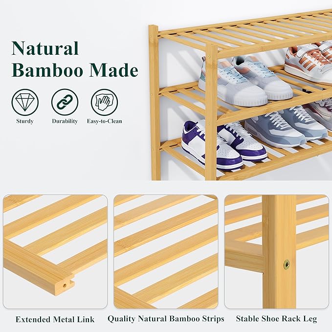 Smiry Bamboo Shoe Rack, 2 Tier Free Standing Wooden Shoe Organizer, Stackable Wood Shoe Storage Shelf for Closet, Entryway, 14 Vertical Slats, One-piece Heavy-Duty Legs, 26.8"x11"x13", Natural