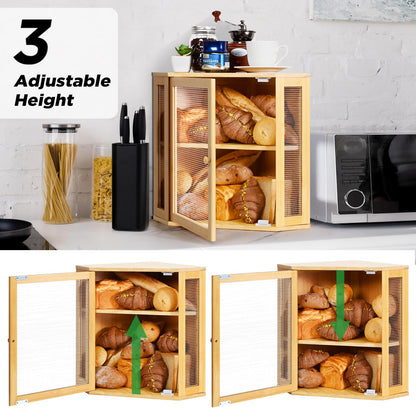 Ollieroo Bread Box,Bamboo Bread Container,Double Layer Large Capacity Storage Bins,Kitchen Countertop Bread Box,Bread Saver with Acrylic Wavy Door Panel,Bamboo,Extra Large