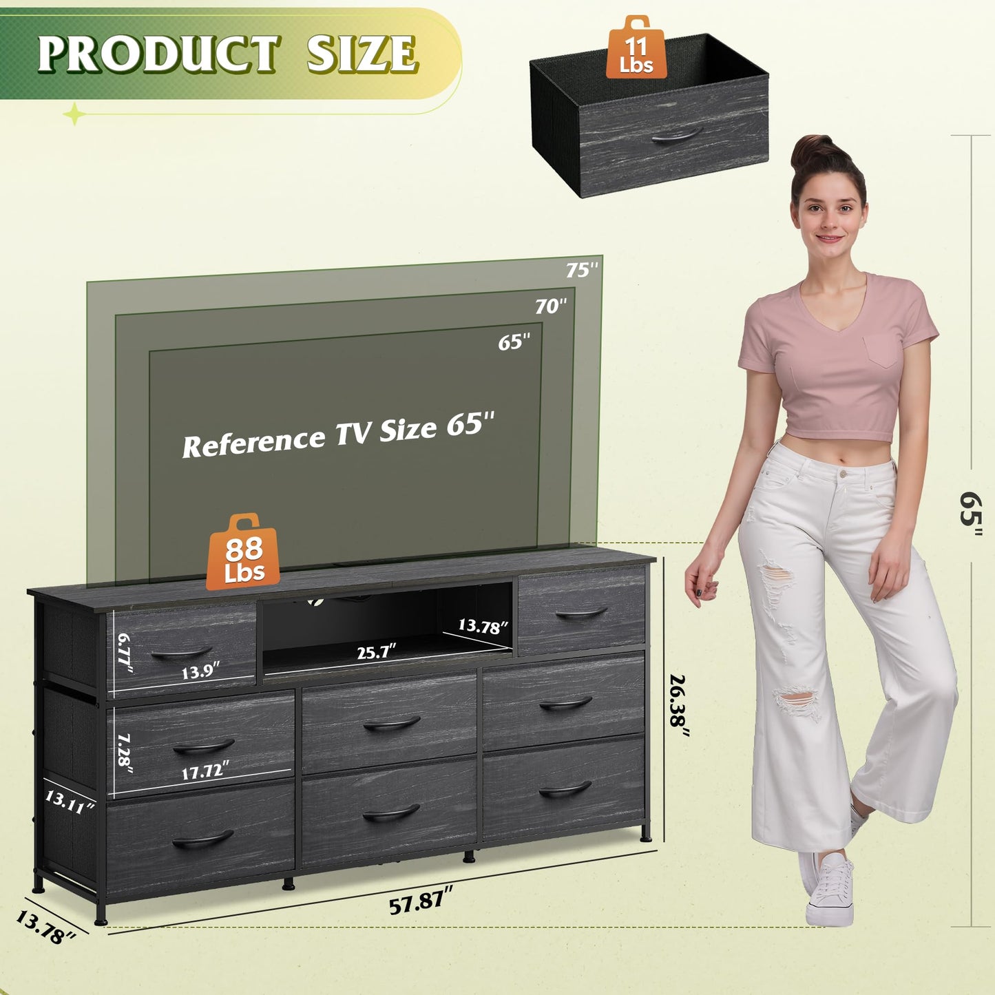 WLIVE Black Dresser TV Stand for 50, 55, 65 inch TV, Entertainment Center with LED Lights & Charging Station, Chest of Drawers with 8 Fabric Drawers and Open Shelves for Living Room, Bedroom, Wood Top
