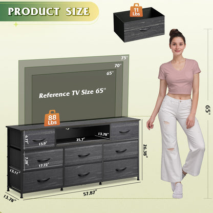 WLIVE Black Dresser TV Stand for 50, 55, 65 inch TV, Entertainment Center with LED Lights & Charging Station, Chest of Drawers with 8 Fabric Drawers and Open Shelves for Living Room, Bedroom, Wood Top
