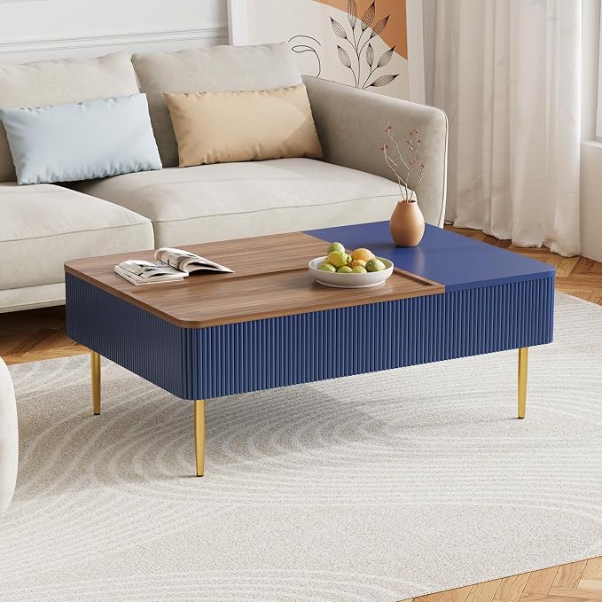 HLR 47" Dual Lift Top Coffee Table with Storage, Modern Wood Fluted Coffee Table with Hidden Compartment,Lift Tabletop Dining Center Table for Living Room, Office, Blue