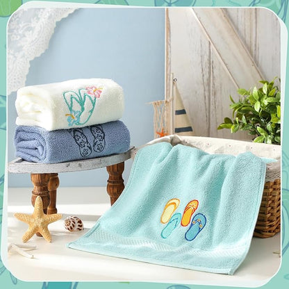 3 Pack Coastal Hand Towels for Bathroom 100% Cotton Embroidered Beach Bathroom