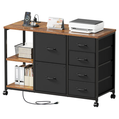Maihail 6 Drawer File Cabinet with Charging Station Rolling Printer Stand with Open Storage Shelf Fabric Lateral Filing Cabinet for Home Office,Rustic Brown