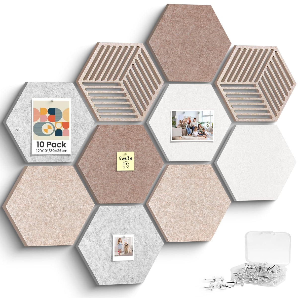 Hexagon Cork Bulletin Boards for Walls Decor, 10 Pack Felt Board Tiles with 25 Push Pins, Photo Display Board for Office & Home Classroom DIY Decor