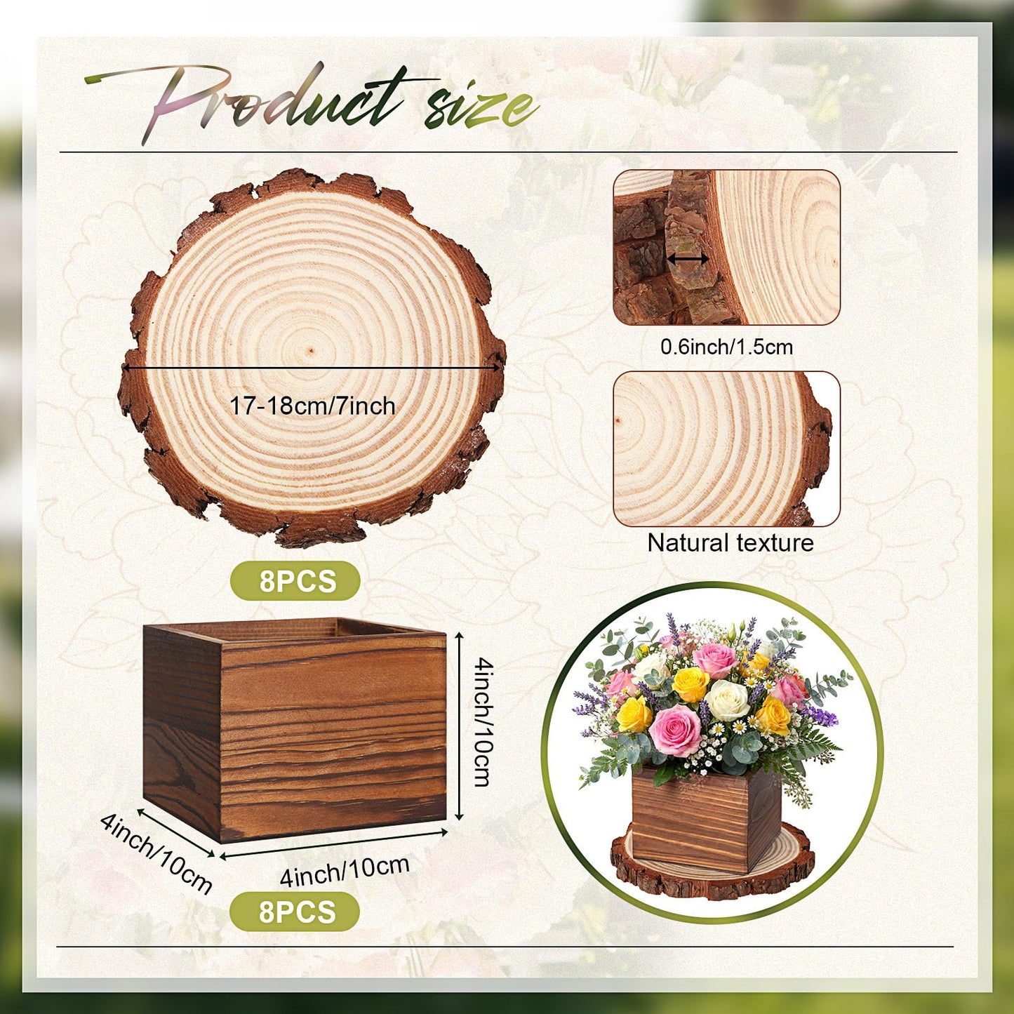 Leinuosen 16 Pcs Wedding Centerpieces Decor Set 8 x 4-inch Rustic Wood Cube Planter Box with 8 x Natural Wood Slices Tabletop Floral Arrangements for Baby Shower Home Garden Decorations(Brown)
