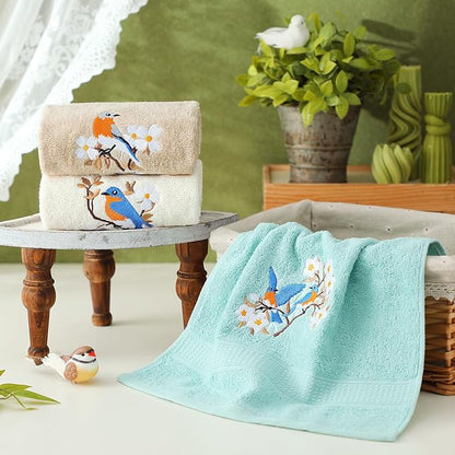 Bird Floral Hand Towels Farmhouse White Light Brown Turquoise Bird Bathroom