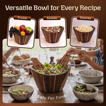 NAZOX Acacia Wood Salad Bowl Set with Serving Hands, 10” Diameter, 6” Height - Handmade, Large Serving Bowl for Salad, Fruit & Pasta - Durable Natural Brown Serveware Gift, Modern Geometric Design