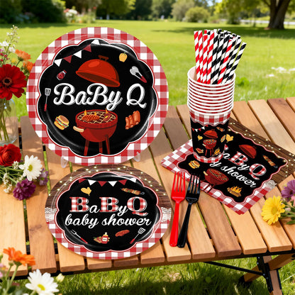 Xynic 213Pcs Baby Q Baby Shower Decorations Tableware Set Severs 25, Baby Shower Decorations Include Banner, Balloons, Tablecloth, Paper Plates, Cups, Cake Topper, Cupcake Toppers
