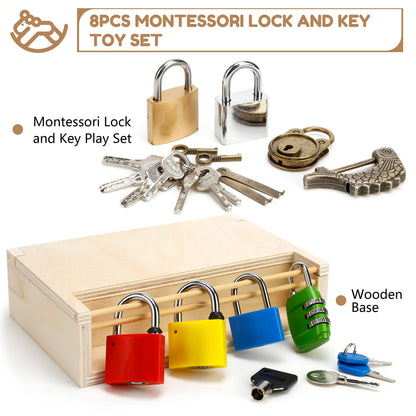 Woodtoe 8 PCS Montessori Lock and Key Toy, Montessori Toys for Toddlers 3 4 5 Year Old, Kids Tool Set, Montessori Materials Preschool Learning Toy, Fine Motor Skill, Educational Toys for Boy Girl 3-6