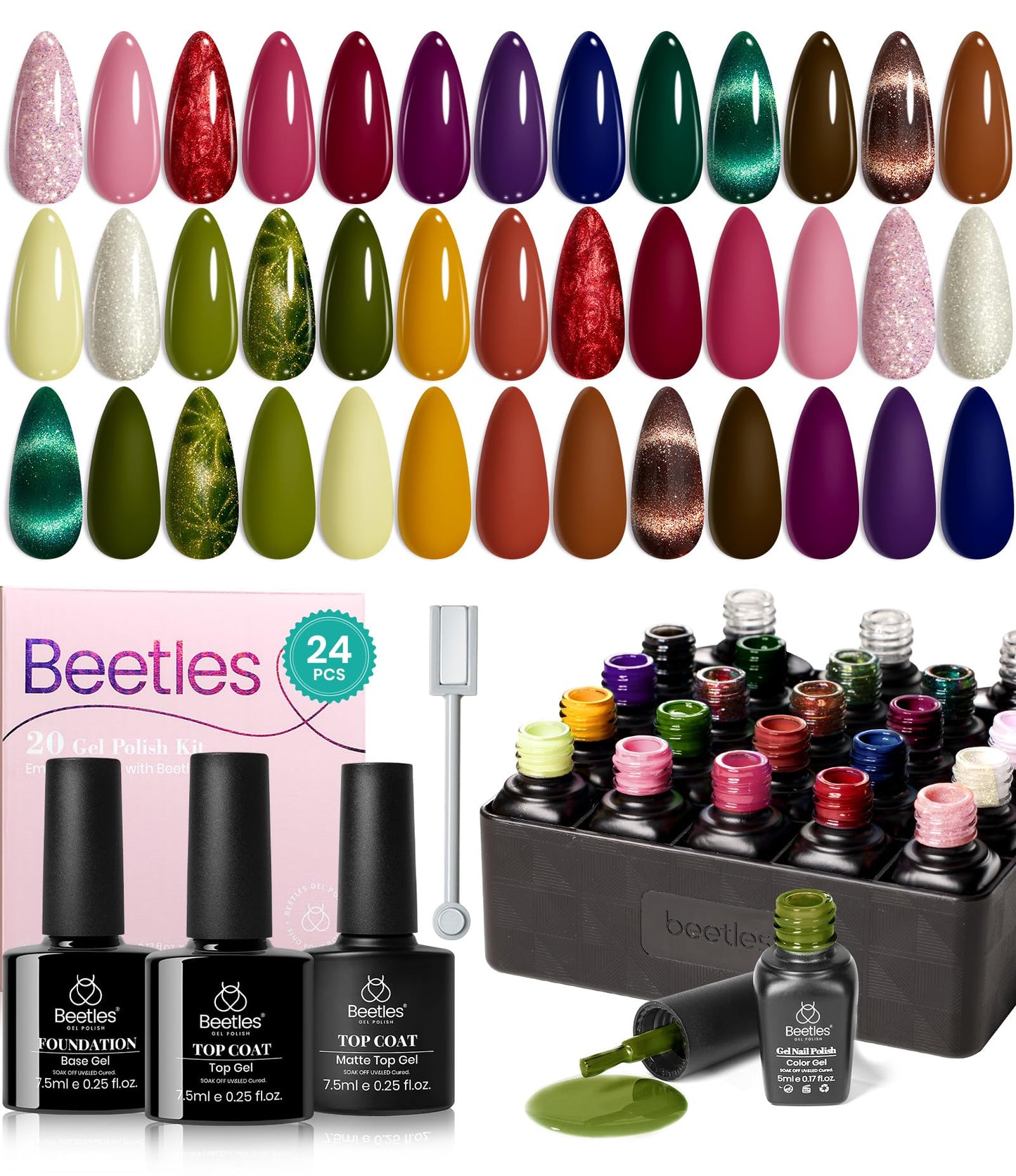beetles Gel Polish 44pcs Fall Gel Nail Polish Set 36 Colors Brown Burgundy Red Blue Purple Orange Green Black Nude White with Base Top Coat UV LED Needed Salon DIY at Home Gift for Women Colorful Muse