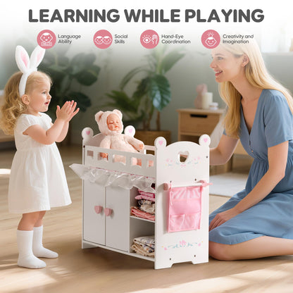 ROBOTIME Baby Doll Crib – Wooden Baby Doll Changing Table with Storage – Bedding & Hooks, Fits 18-21" Dolls, Doll Bed Playset for Girls Ages 3+