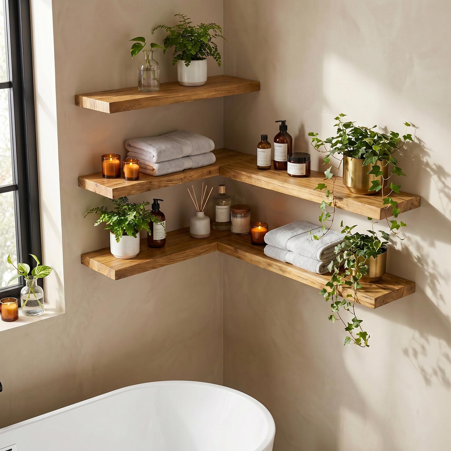 Dreamland Rustic Elm Woood Floating Shelves for Wall Decor, 32" W x 8" D x 1.5" H Floating Shelves Set of 2, Wall Mounted Deep Wooden Shelf for Living Room, Bedroom, Kitchen, Bathroom, Natural
