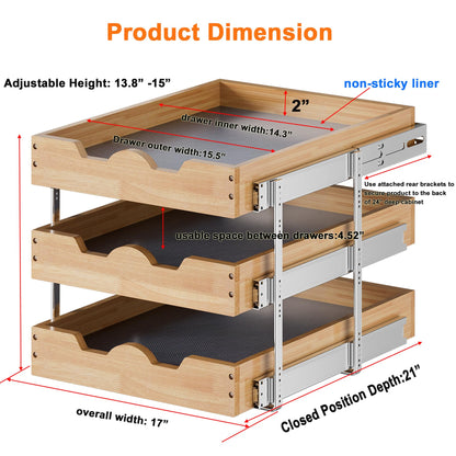 DINDON 3 Tier Pull Out Cabinet Organizer 17”W X21”D Slide Out Shelves With Shelf Liner for Kitchen Wood Roll Out Drawers Pantry Organization