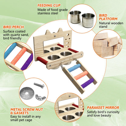 Tfwadmx Bird Food Stainless Steel Cups Wooden Perch Stand with Ladder Hanging Feeder Bowls Feeding and Watering Supplies for Parakeets Conures Cockatiels Budgie Parrot