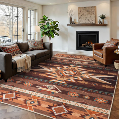 Western Rug for Living Room, 5x7 Non Slip Low Pile Aztec Rug for Bedroom, Dining Room Rugs for Under Table, Office, Machine Washable Area Rugs, Red Brown