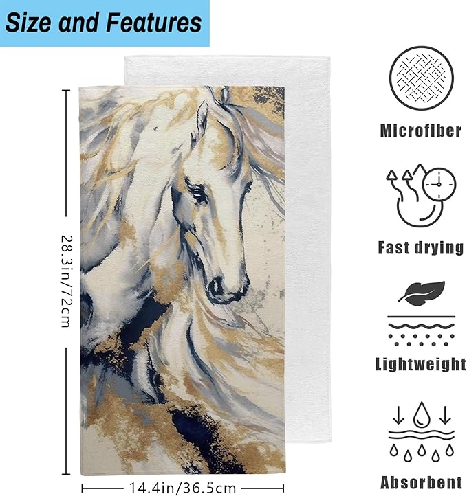 Golden Horse Oil Painting Kitchen Hand Towel Set of 2, Abstract Art Painting