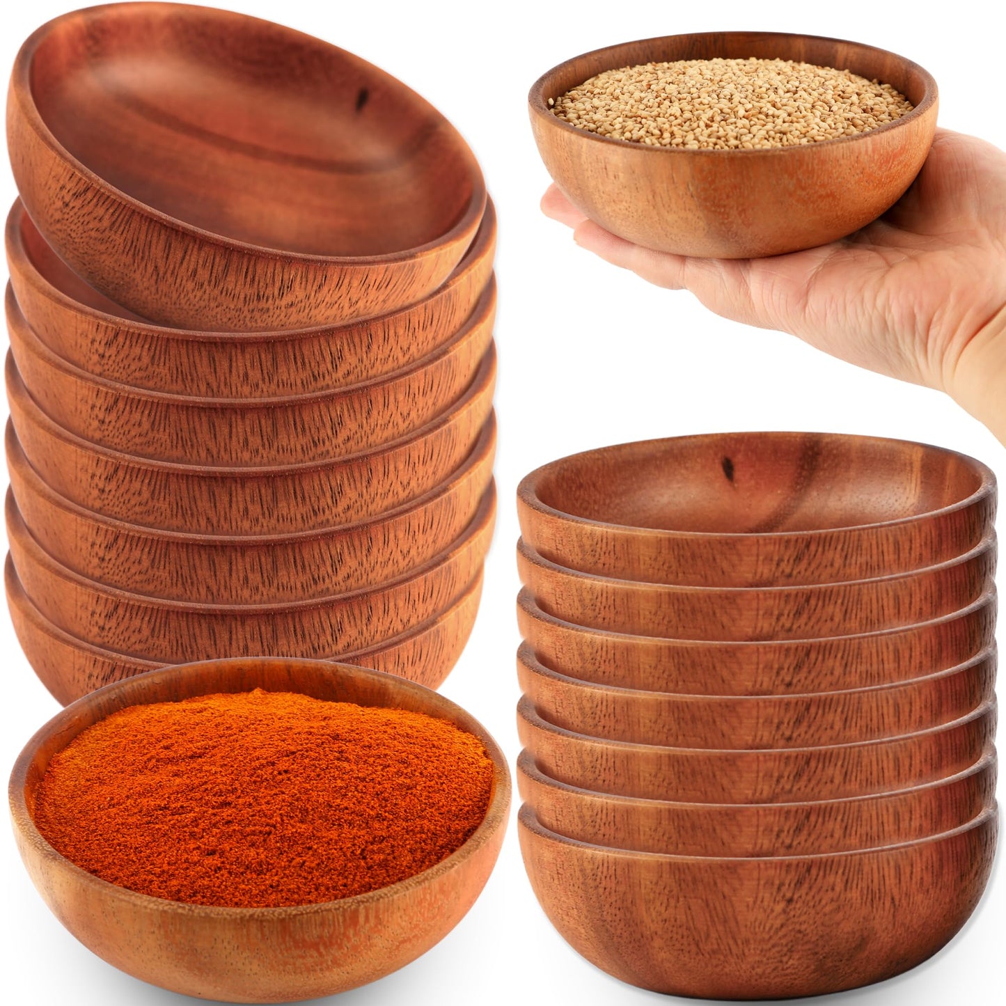 Medanera 16 Pcs Small Acacia Wooden Bowls 4.72 x 1.5 Inch Decorative Stackable Salad Bowl Round Calabash Bowls for Kitchen Pasta Sauce Rice Soup Dessert Popcorn Cream Party Gifts