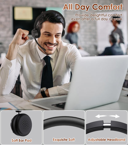 (Upgraded Version) Wireless Headset, Bluetooth Headset with Noise Cancelling Microphone, Best Headphones with Mic Mute & USB Dongle for PC/Computer/Laptop/Cell Phones/Remote Work/Call Center