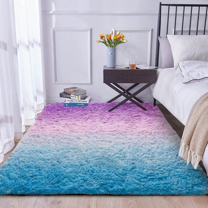 A Nice Night Shaggy Fluffy Faux Fur Area Rug, BluePurple Tie Dye Star Glitter Printed,Soft, Luxurious Carpet Rugs for Nursery Rug, Bedroom, Living Room,5'x7'