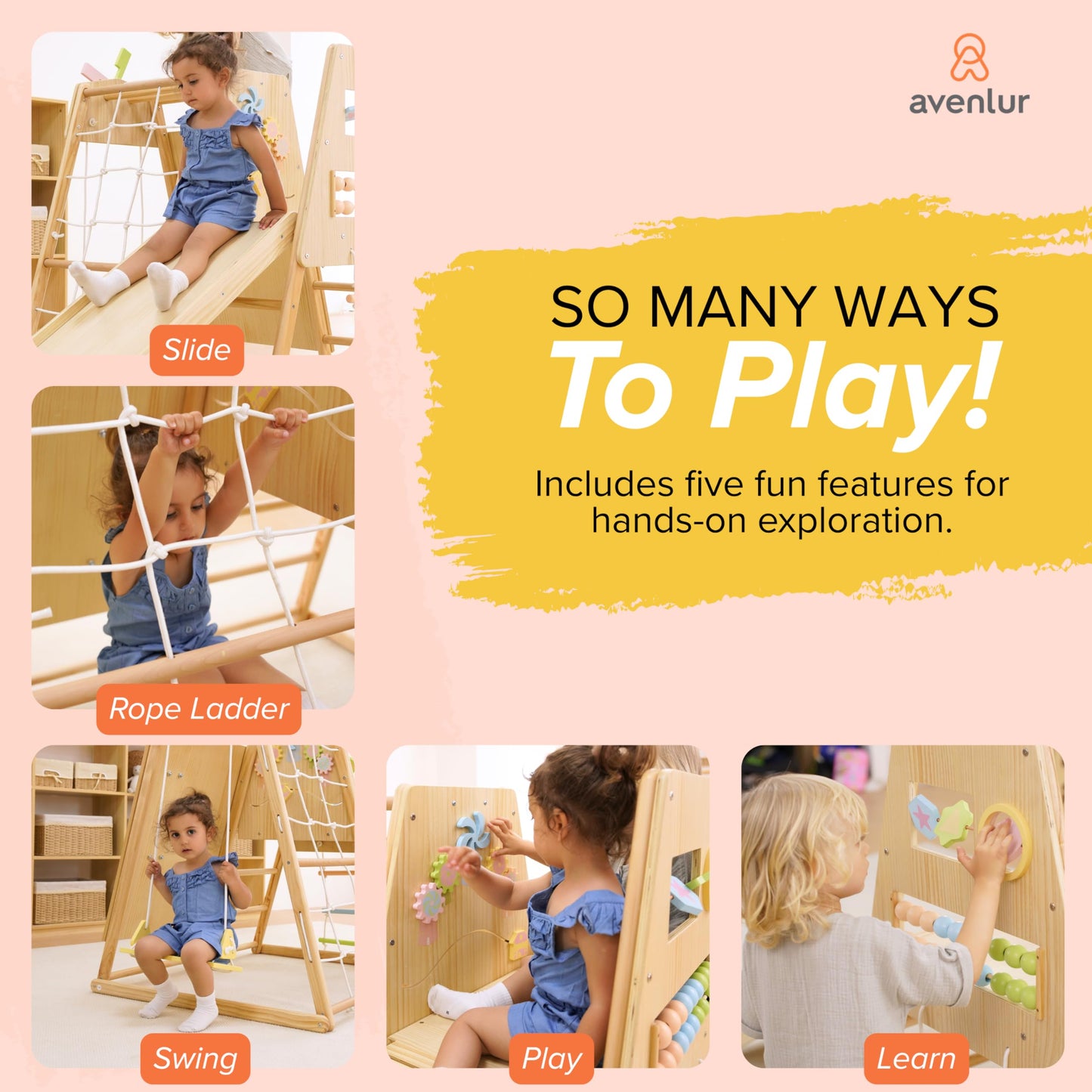 Avenlur Cherry 5-in-1 Wooden Indoor Climber – Montessori Toddler Play Gym with Slide, Rock Wall, Rope Ladder, Sensory Panel & Swing – Indoor Playground for Kids Ages 18 Months to 5 Years