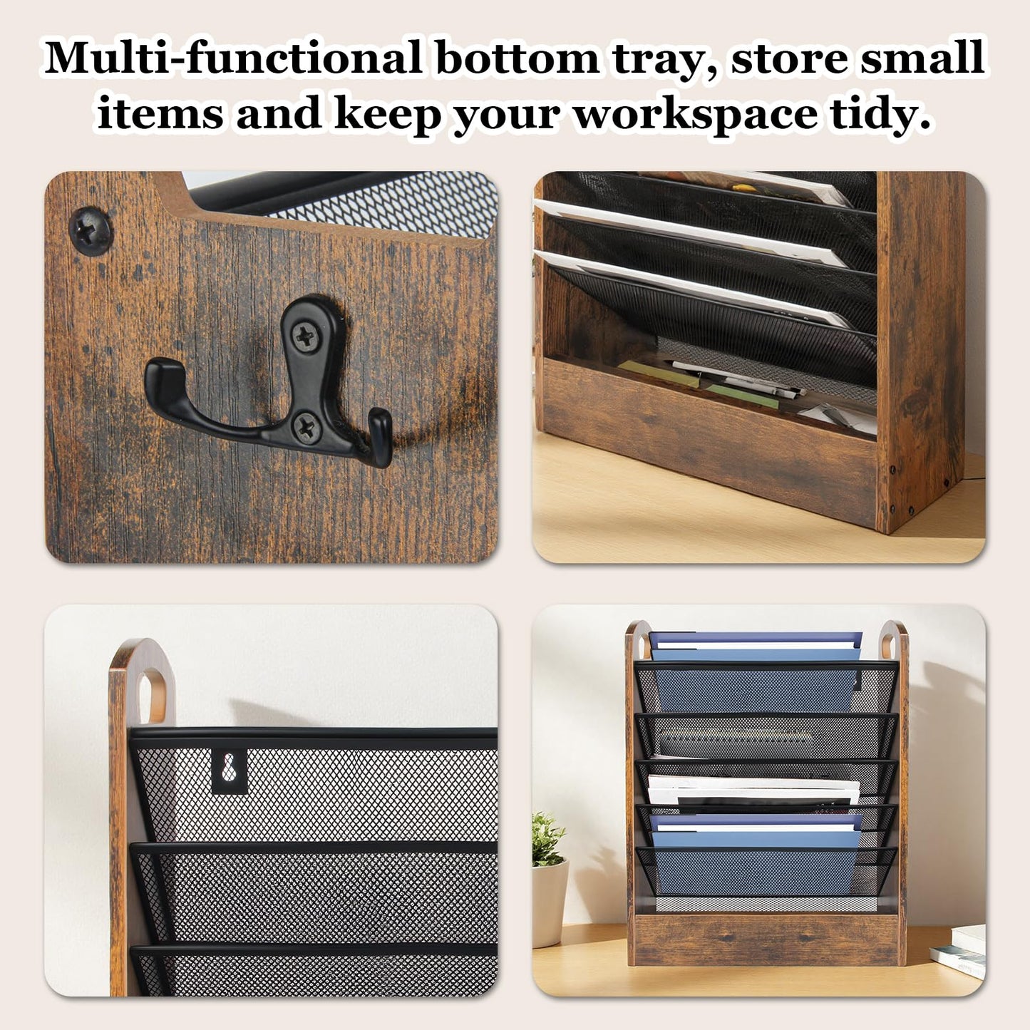 EHWINE Wall File Organizer, 6 Tier Hanging Wall File Organizer with Bottom Tray, Mail Organizer Wall Mount, Wooden Desk Organizer for Office or Home