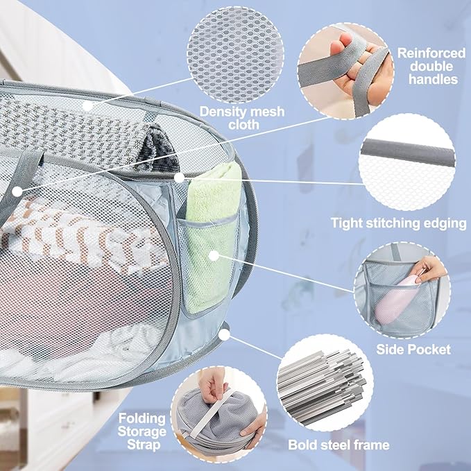 2PCS Mesh Laundry Hamper, Collapsible Laundry Baskets, 75L Large Foldable Dirty