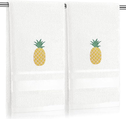 2 Pcs Pineapple Hand Towels White-Yellow Bathroom Decor 14x29 Inch Embroidered