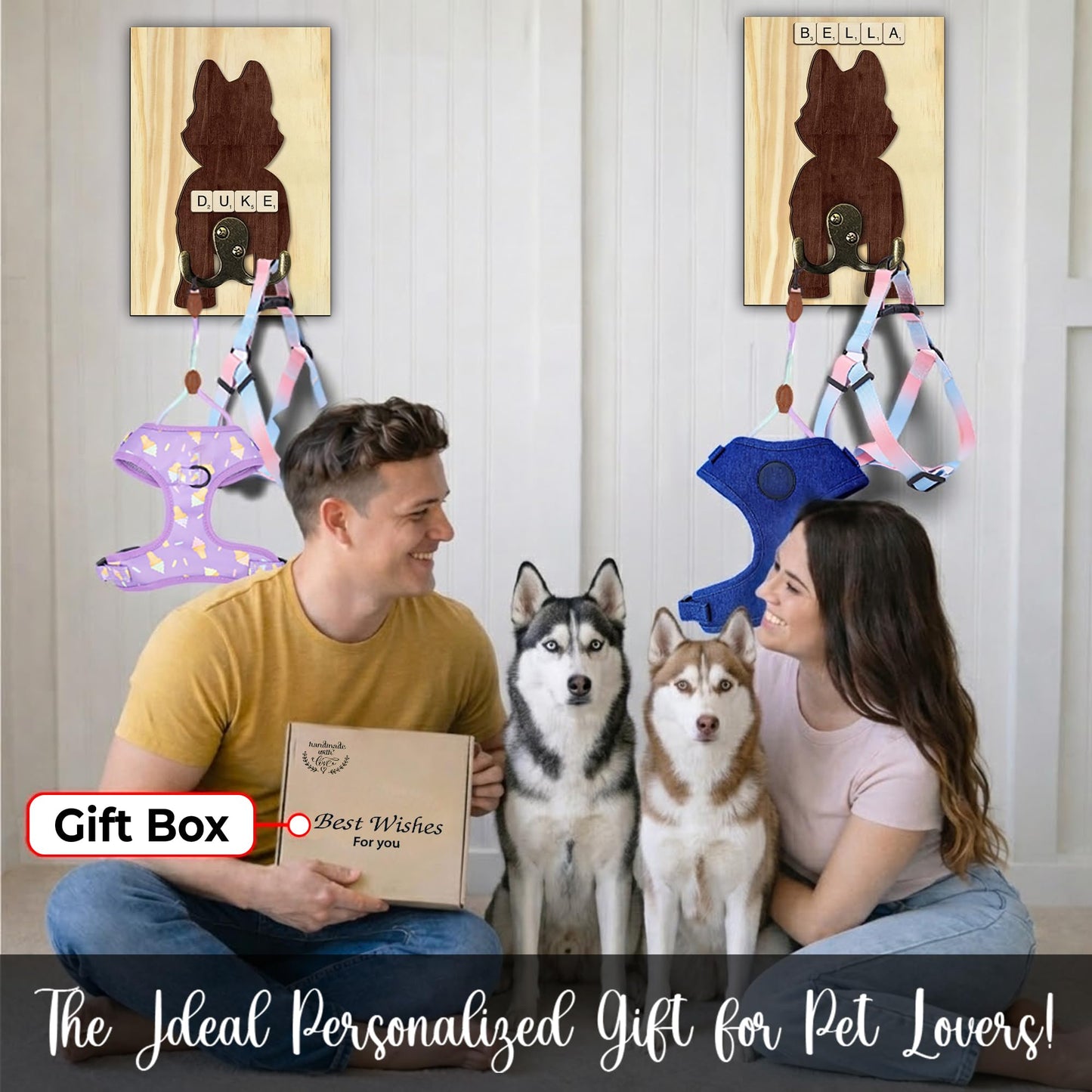 VINARTSVN Husky Dog Leash Holder Wall Mount with Scrabble Letters, Wooden Dog Wall Hook Organizer, Pet Collar and Harness Holder Entryway, Key Hook & Leash Rack, Home Decor for Pet Lovers PF297-45