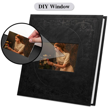 Vienrose Self Adhesive Faux Leather Photo Album with Window DIY Scrapbook Kit for 4x6 5x7 8x10 Pictures, Memory Book for Baby Kids Wedding Journal School Polaroid, 30 Sheets(60 Pages) Black