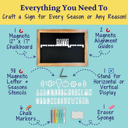 Magnetic Chalkboard Sign Kit - 12x17 Framed Hanging or Tabletop Chalk Board with Easel Stand, Acrylic Markers, Design & Letter Stencils for Chalkboard Art, Kitchen Countertop Menu (Rustic Wood)