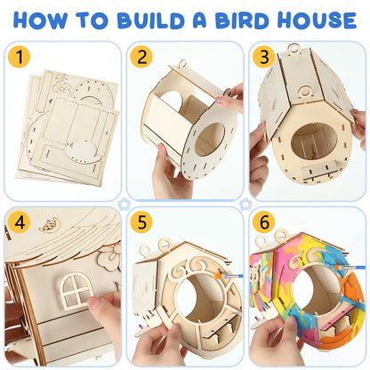 Sliner 4 Sets DIY Bird House Wind Chime Kit with Bird Feeder Build and Paint Unfinished Wood Birdhouses with Paints and Paintbrushes Art and Craft Kit for Party Favors Birthday Gifts