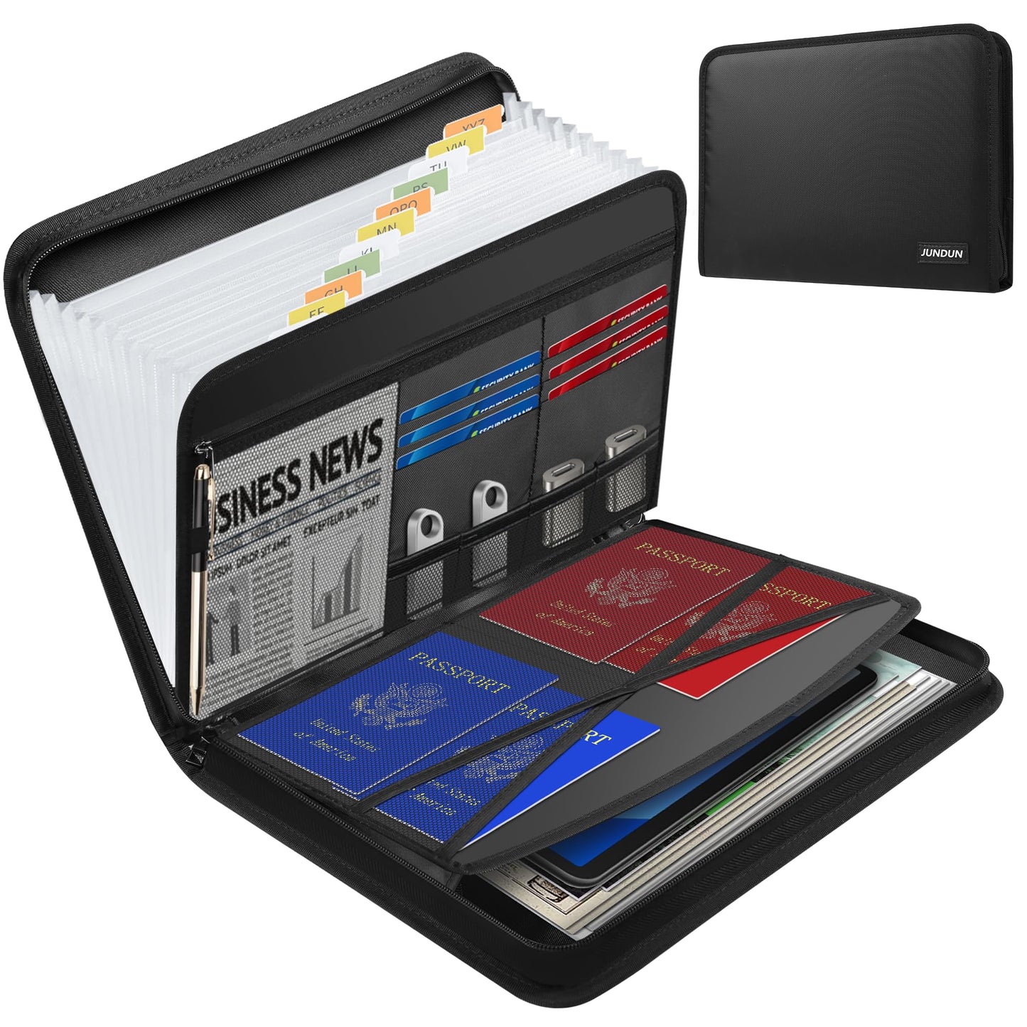 JUNDUN Accordion File Organizer - Fireproof Accordion Folder with Zipper & Labels - 13 Pocket Expanding File Folder with Multi-Pockets Document Organizer Folder for Letter A4 Files | Receipt and More