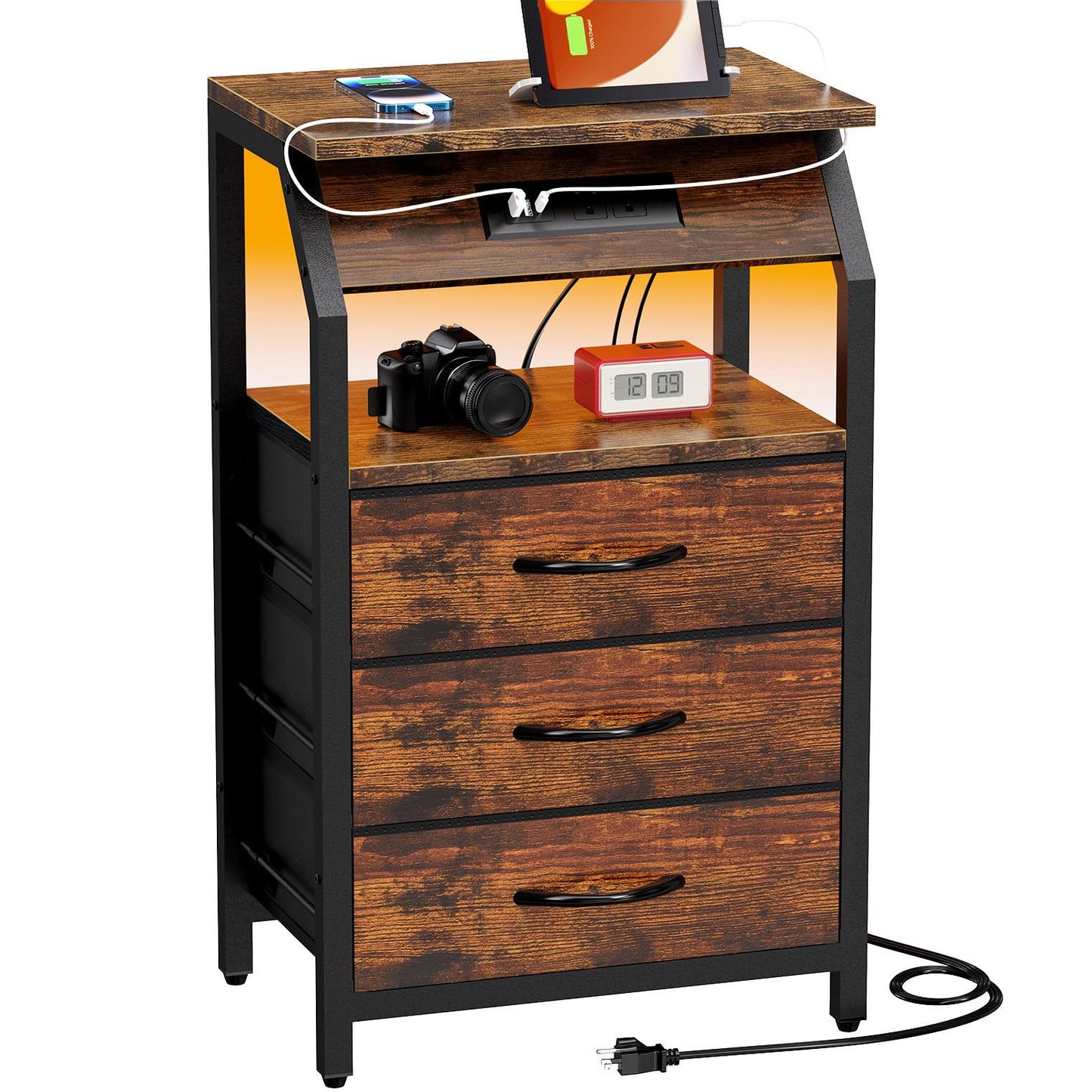 SZLHANJZ End Table with Charging Station, Nightstand with LED Lights and 3 Drawers, Small Night Stand with Fabric Storage, Retro Side Table for Bedside, Living Room Dorm, Rustic Brown