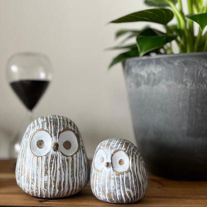Huey House Chubby Night Owl Decor Statue Sculpture, Bookshelf Decor Accents, Boxed Set of 2, Rustic Brown & White, 3⅛ & 4⅓ Inch Decorative Resin Figurines