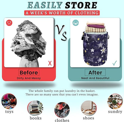 Stars Print Blue Jean Design Laundry Basket Foldable Funny Laundry Hamper